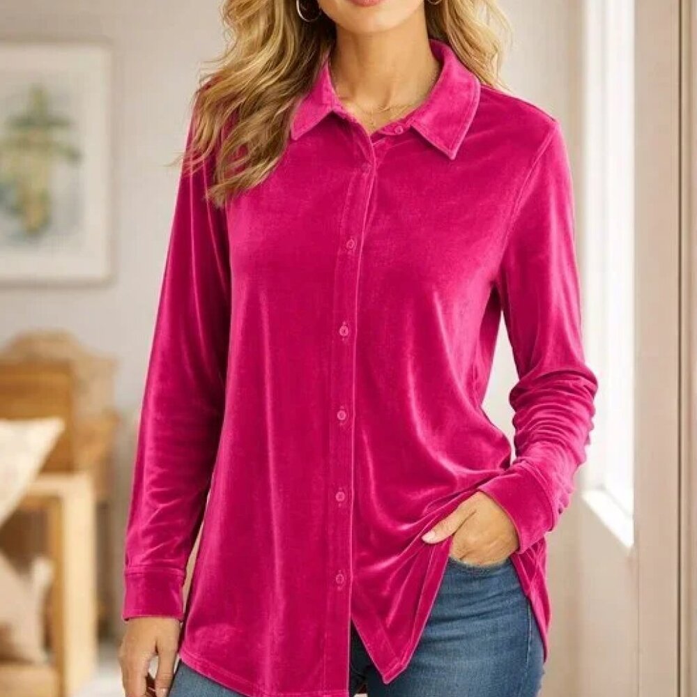 Soft Surroundings Women Velour Button Up Shirt Size XPS Pink Casual Stretch Top